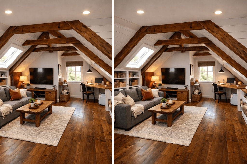 attic storage renovation showcasing organized shelving, wood beams, and climate-controlled storage space