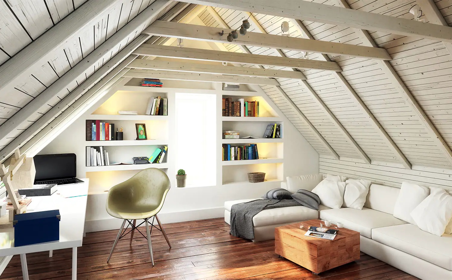 Bright attic renovation with exposed beams and modern finishes by Thrush & Son® Roofing & Exterior Solutions enhancing the homes attic storage
