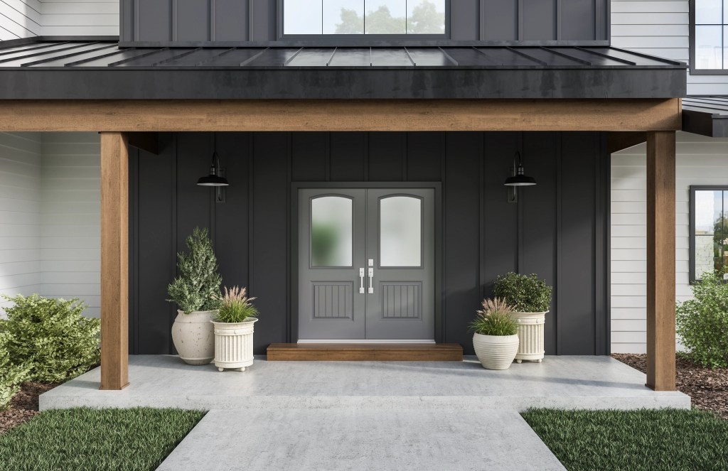 Door guide example showing modern double fiberglass entry doors that deliver outstanding security, durability, low maintenance, and striking contemporary curb appeal