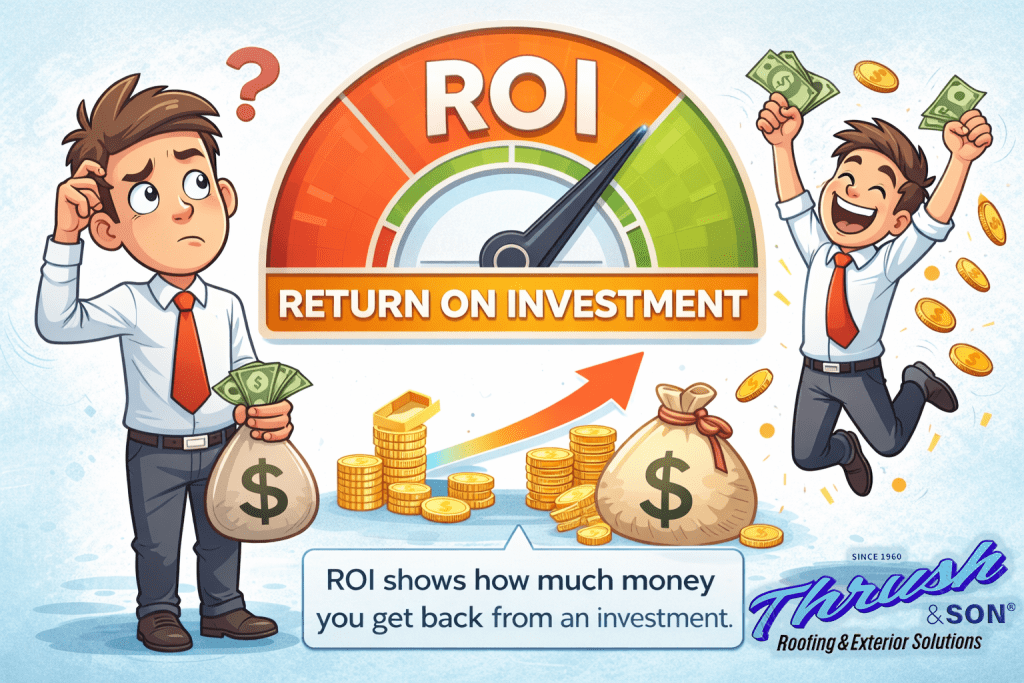 Illustration explaining ROI (Return on Investment) with gauge meter, money bags, coins, and rising arrow showing financial return on investment growth.
