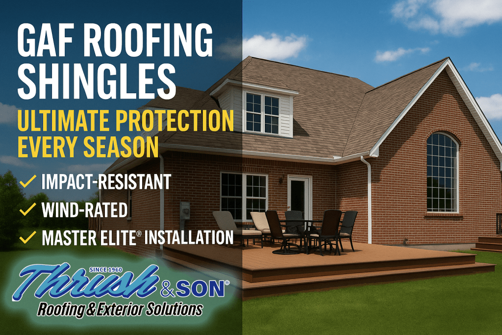 GAF storm-rated shingles installed on a Dayton home showcasing impact-resistant, wind-rated protection by Thrush & Son