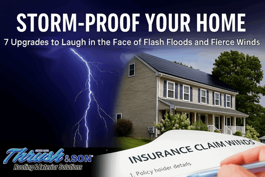 Storm-proof home illustration showing lightning, a protected house, and insurance claim paperwork highlighting severe weather preparedness