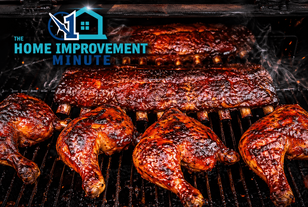 May backyard ideas featuring BBQ chicken and glazed ribs on a grill, smoky backyard cooking and outdoor barbecue in Ohio.