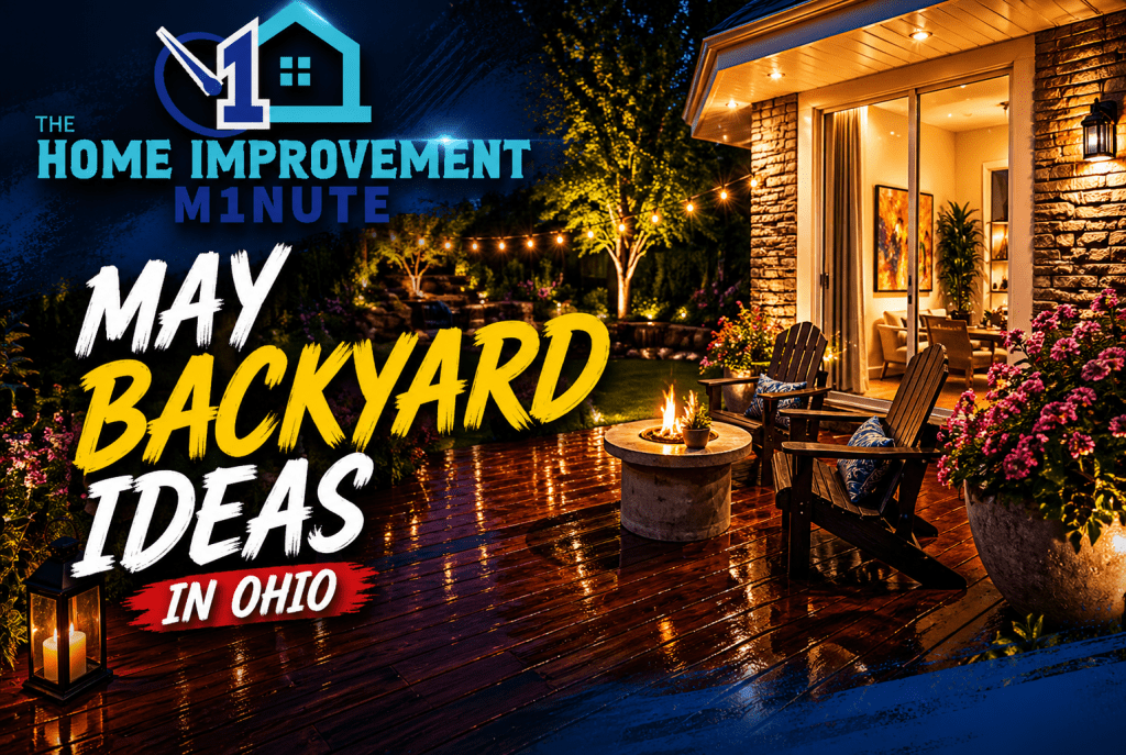 May backyard ideas in Ohio featuring outdoor patio, evening lighting, fire pit, flowers, and backyard upgrade inspiration with The Home Improvement Minute branding.