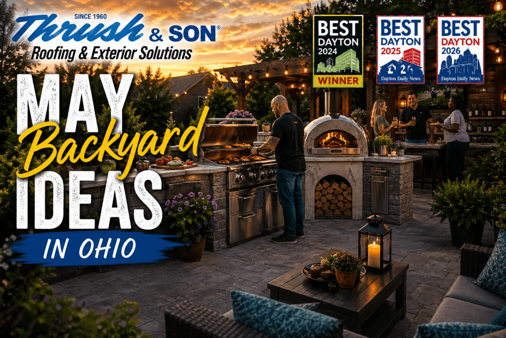 May backyard ideas in Ohio backyard with BBQ grill, outdoor kitchen, patio lighting, and backyard entertaining setup.