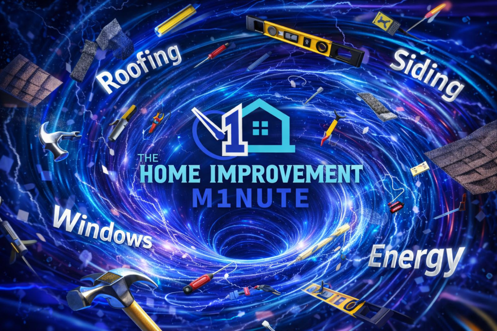 Exterior Remodeling Tips: The Home Improvement Minute graphic with swirling blue vortex, tools, and materials highlighting Roofing, Siding, Windows, and Energy. Expert home improvement advice since 1960.