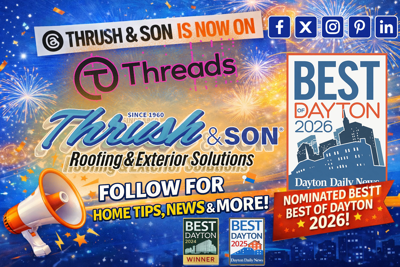 Thrush & Son® Best of Dayton 2026 nomination graphic with Threads launch, fireworks background, and award badges.