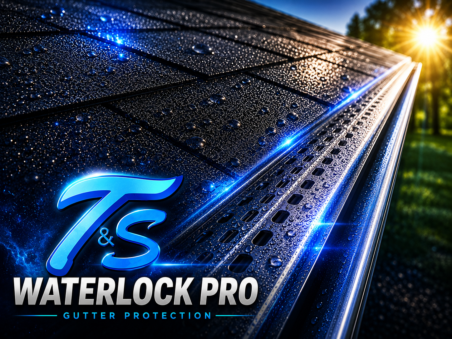 WaterLock Pro gutter protection system installed by Thrush & Son along a rain-soaked shingle roofline at sunrise