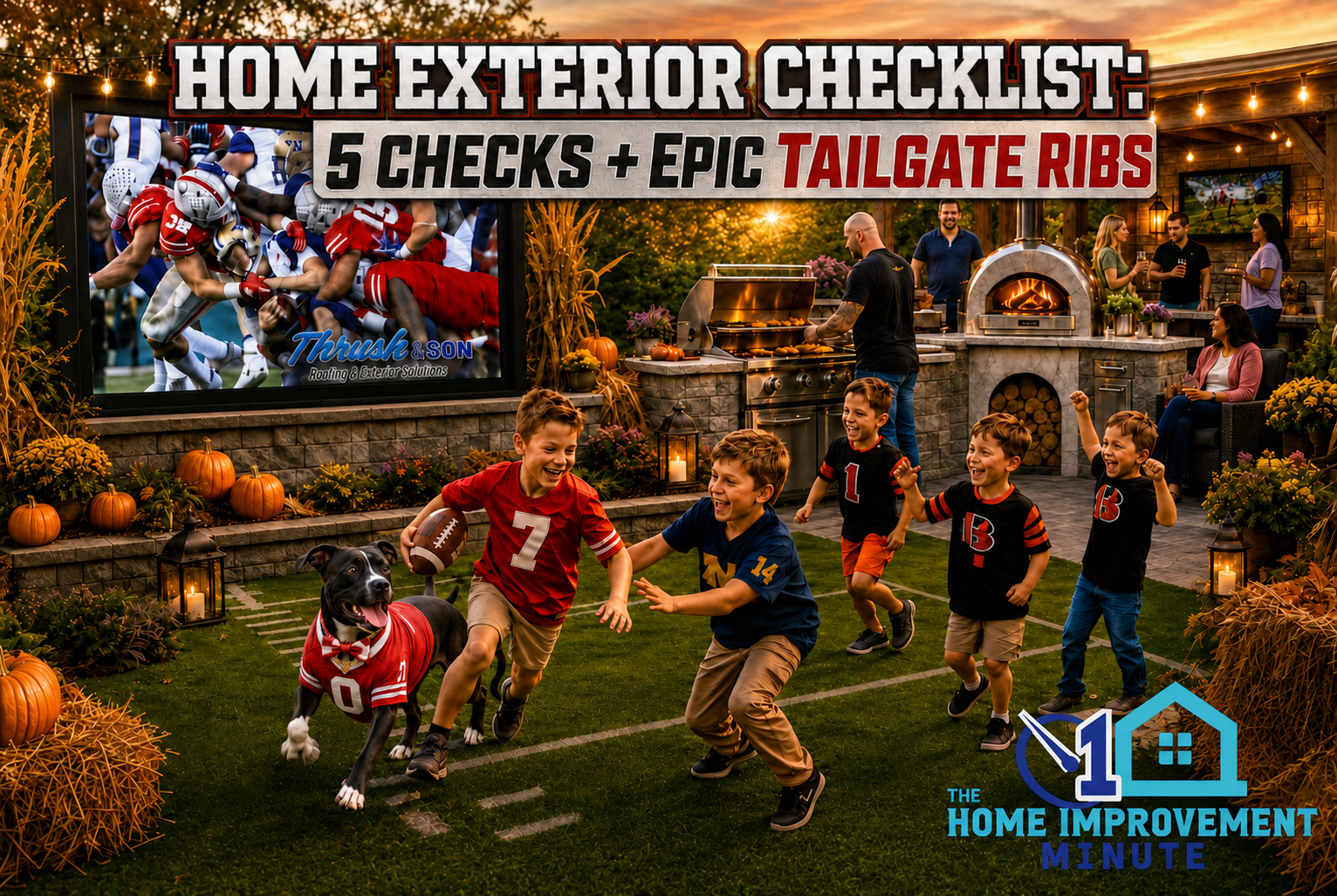 Home exterior checklist inspiration — kids play football on a lit backyard field while adults gather at an outdoor kitchen with ribs on the smoker.
